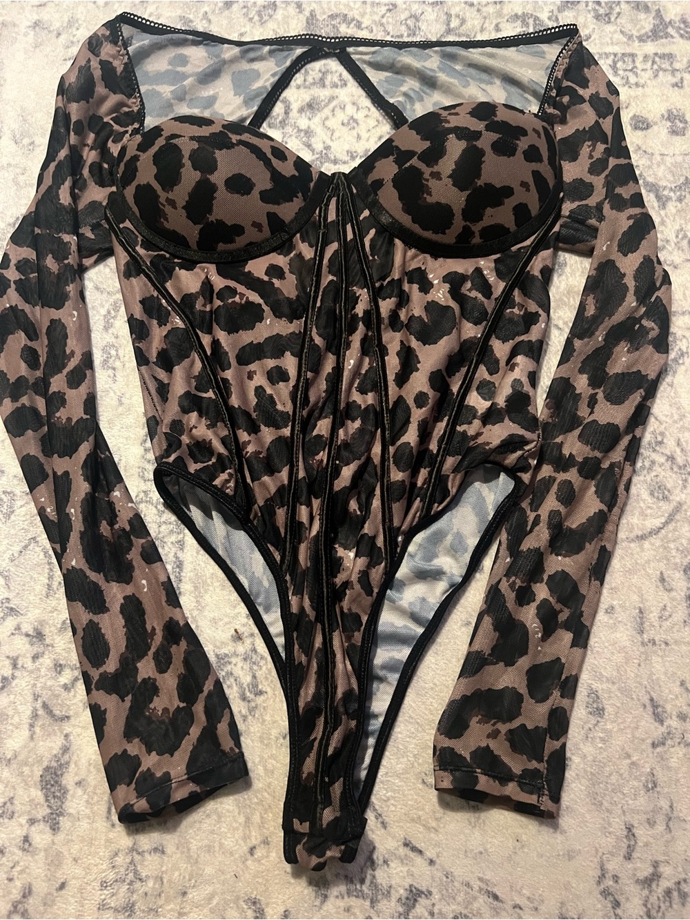 LA Girl Leopard Mesh Long Sleeve Bodysuit - Brown & Black